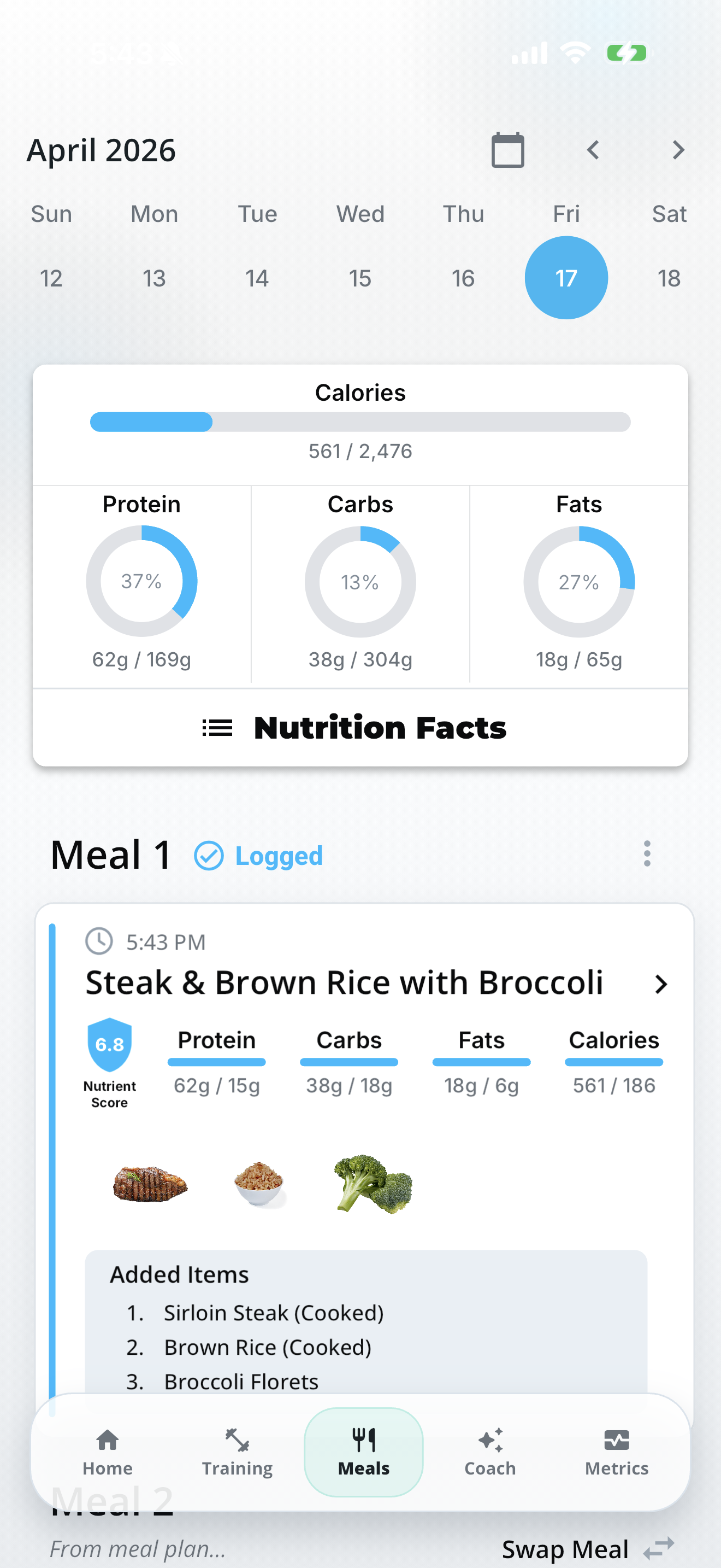 Fittable meal log with nutrition facts and macros