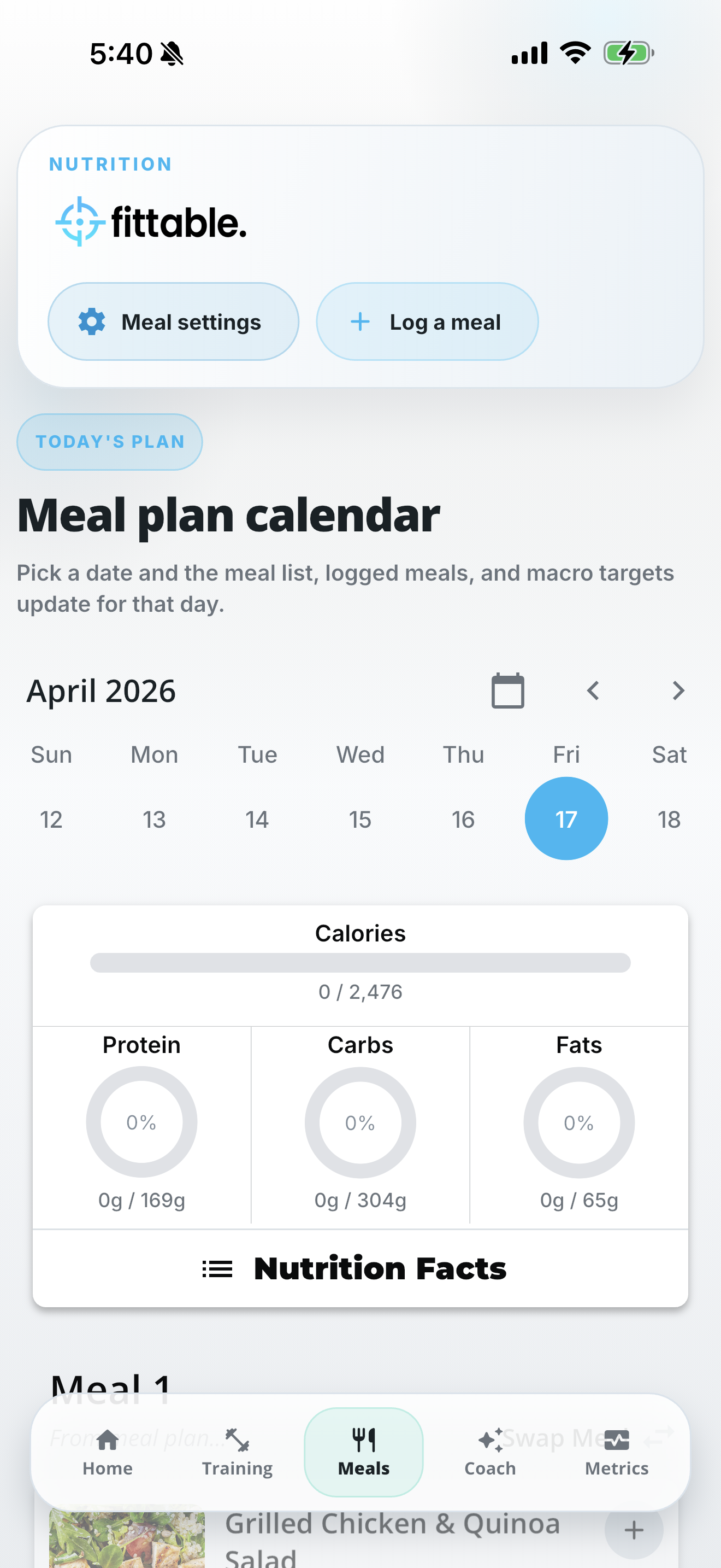 Fittable meal plan calendar with macro targets