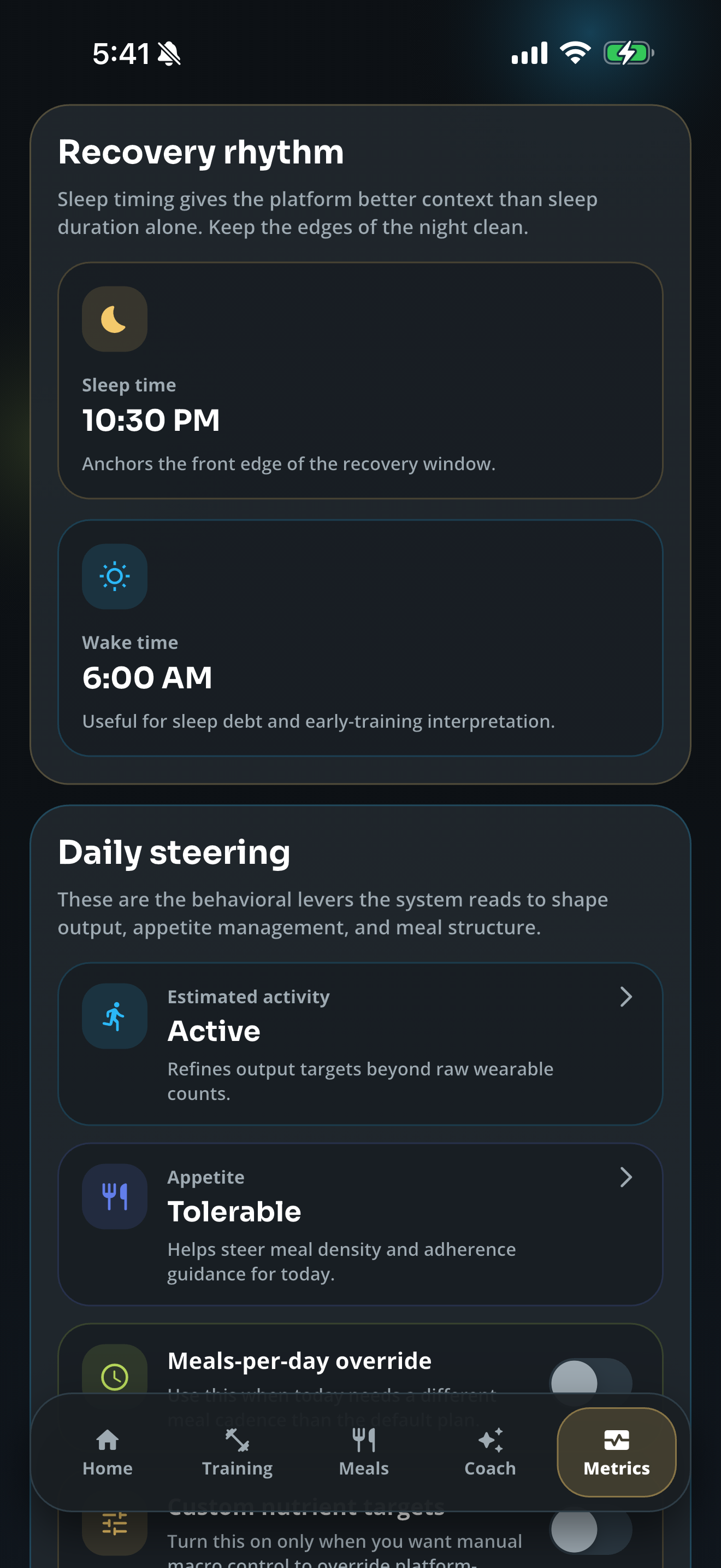 Fittable recovery and biometrics settings with activity context