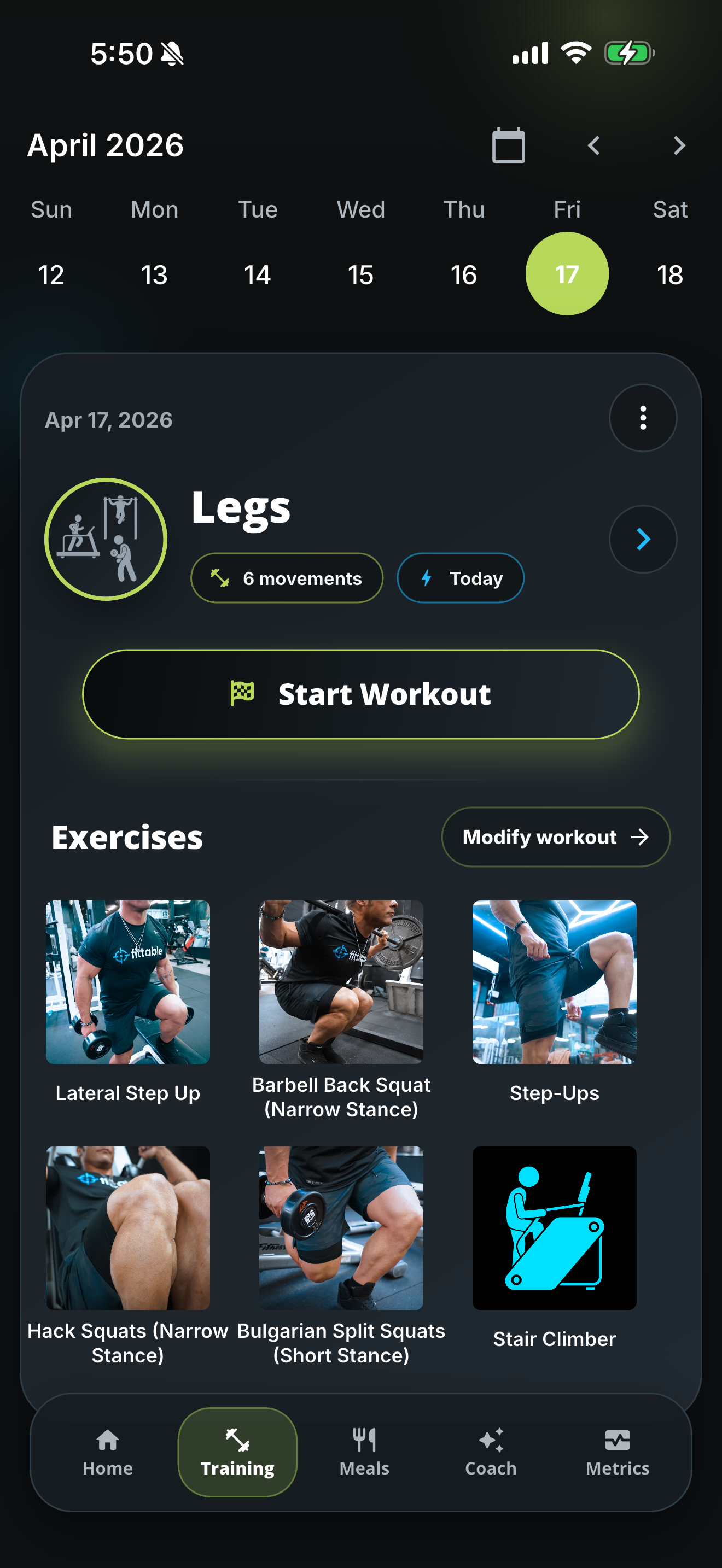 Fittable training day showing workout planning and execution